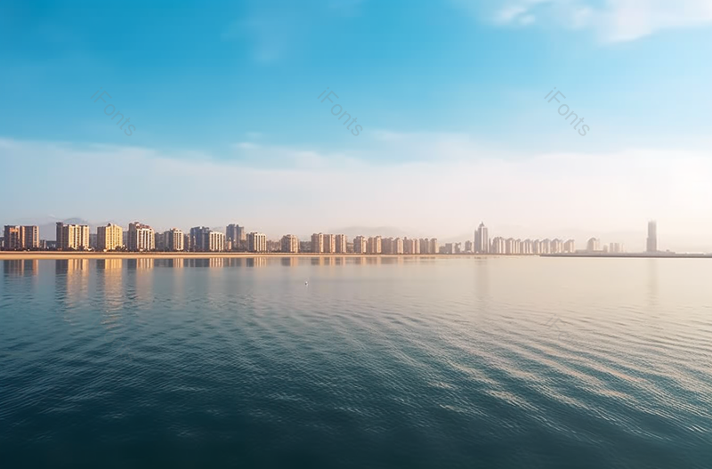 从海的对面看城市高楼大厦房屋建筑蓝色的天空和海洋图像摄影,高清,摄影图,摄影图片,图片大全,摄影图免费下载